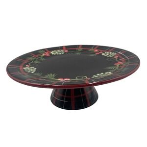 Certified International‎ P Brubaker Black/Pine/Plaid Pedestal Cake /Dessert Dish